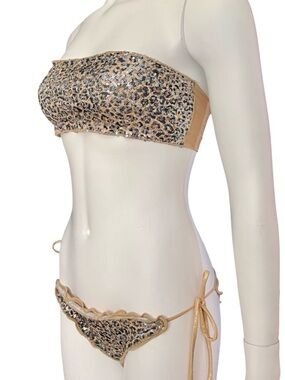 Y2K Ritchie Leopard Sequins Front & Glam Gold Back 2 pieces Bikinis Made in USA